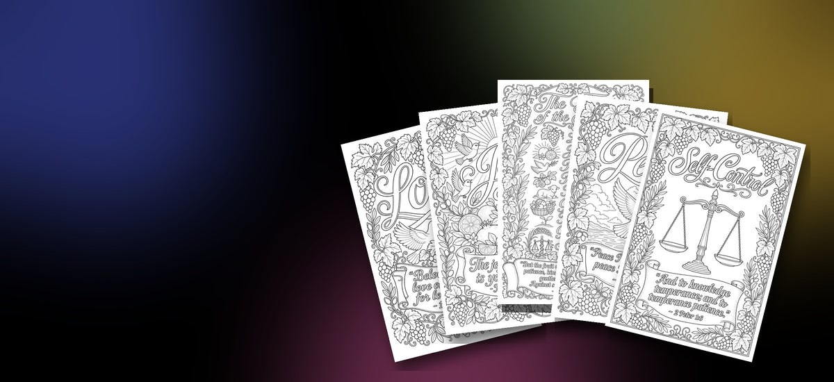 Fruit of the Spirit printable coloring pages fanned out on a black background with soft color glows