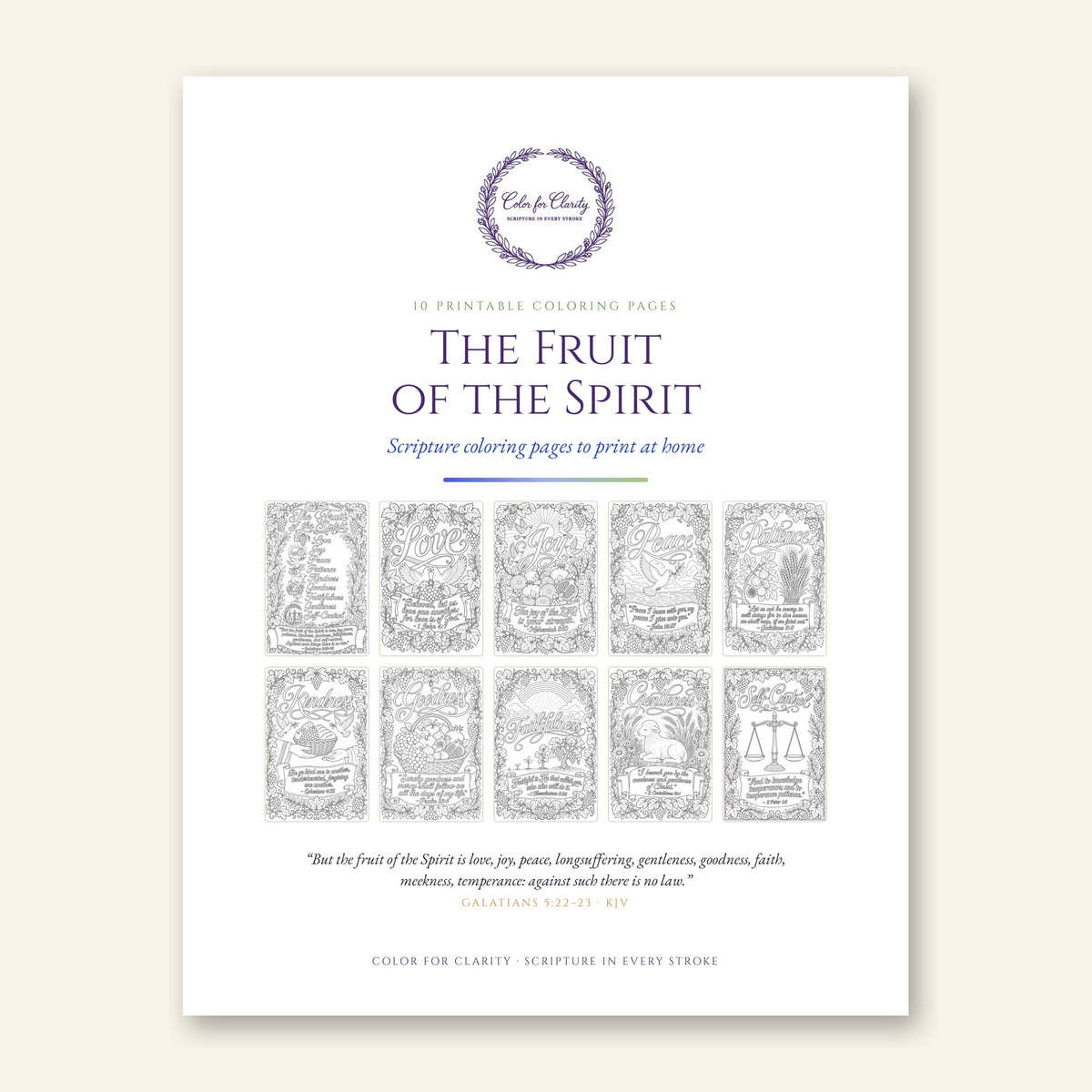 Fruit of the Spirit printable coloring pages cover with all ten page previews