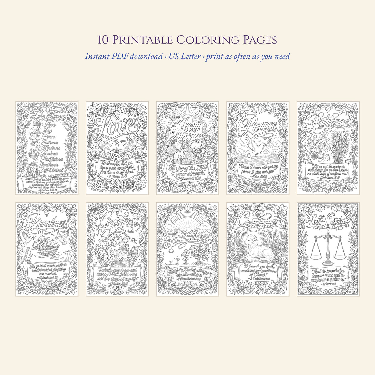 All 10 Fruit of the Spirit coloring pages: title page, Love, Joy, Peace, Patience, Kindness, Goodness, Faithfulness, Gentleness and Self-Control