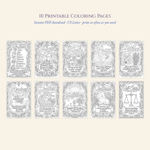 All 10 Fruit of the Spirit coloring pages: title page, Love, Joy, Peace, Patience, Kindness, Goodness, Faithfulness, Gentleness and Self-Control