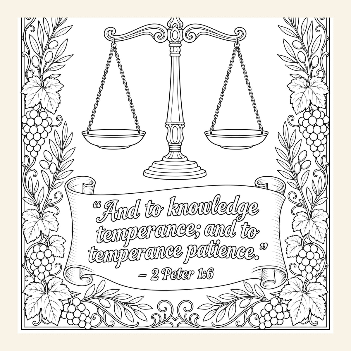 Close-up of the Self-Control coloring page with scales and 2 Peter 1:6