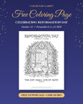 Reformation Day free coloring page: church door with roses and an open Bible, The Just Shall Live by Faith, Romans 1:17