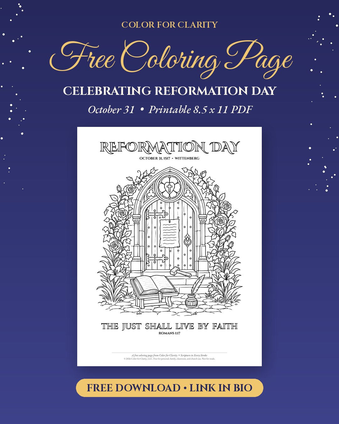 Reformation Day free coloring page: church door with roses and an open Bible, The Just Shall Live by Faith, Romans 1:17