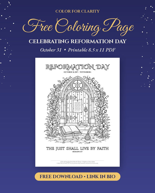 Reformation Day free coloring page: church door with roses and an open Bible, The Just Shall Live by Faith, Romans 1:17